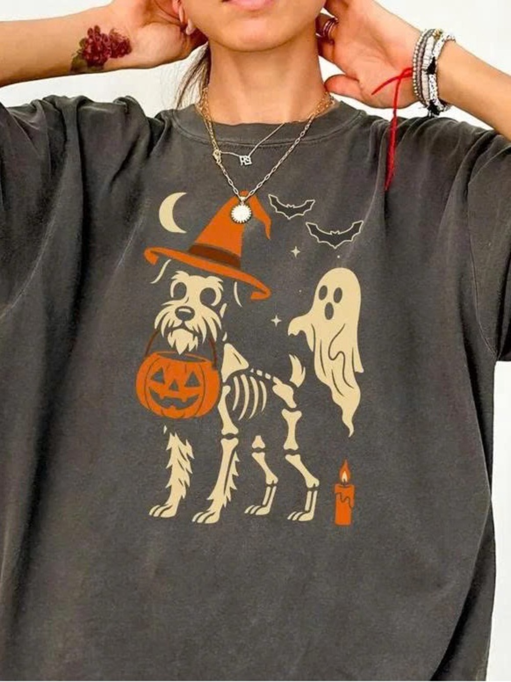 Charcoal Halloween Dog Graphic Tee with Orange & Cream Print
